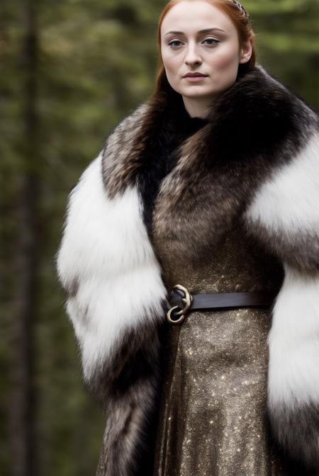 a realistic photo of a sstark woman with a fur collar and a black dress with a silver and gold design,forest background, bokeh, Araceli Gilbert,  a character portrait,