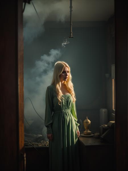 (very shy dynamic pose, Slavic blond woman with cute innocent face, hair dissolving to smoke, hairs fade out:1.25), mysterious silhouette beautiful antique woman in a toga, (hanging gardens of babylon), goddess, alluring, Carne Griffiths, Emily Kell, Steve McCurry, Aaron Horkey, Jordan Grimmer, Greg Rutkowski, (double exposure, surreal:1.3), geometric patterns, smooth BREAK indoor scenery with abandoned decaying USSR interior, torrents of burning radiation, scorched hellscape of melted decaying Soviet living room. crust vent noxious yellow-green toxic vapors, (indoor industrial pipes:1.1) laying half-buried in the irradiated quagmire. A looming shadow blots out the smoldering remains of the sun, rainbow colors and massive blast BREAK epiCPhoto, cinematic still, <lora:Yebenya_SD1.5:0.125> <lora:Macro_Trash_SD15-000031:0.125> <lora:Doomers_Joy_triggers-000040:0.125> doomersjoy, doomers_sky, doomers_pipes, doomers_smoke, (strong gloom:1.225), f2.8, (natural morning light:1.1) (shallow depth of field swirly bokeh:0.9)