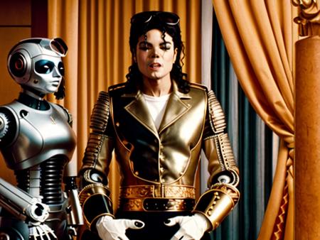 leavemealone michael jackson man posing with a robot in the hotel lobby, surrealistic, professional photography, intricate detail, high quality, masterpiece  <lora:hjleavemealone_v10:0.75>