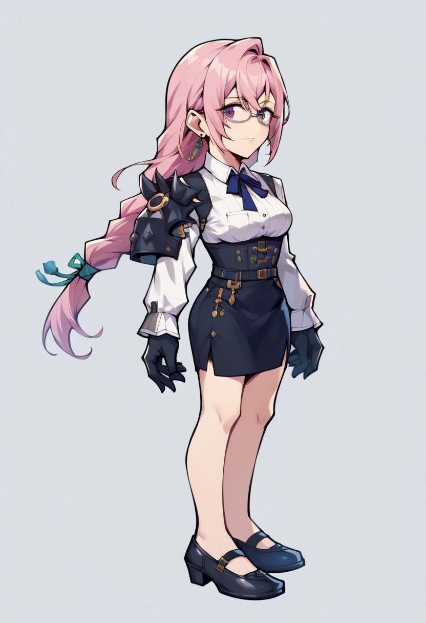 score_9,score_8_up,score_7_up,score_6_up, Yanagi, earrings, pink hair, long hair, purple eyes, braided ponytail, glasses, under-rim eyewear, white shirt, collared shirt, long sleeves, white sleeves, shoulder armor, black gloves, black skirt, high-waist skirt.operaomniastyle, full body, white background   Expressiveh, zPDXL3,