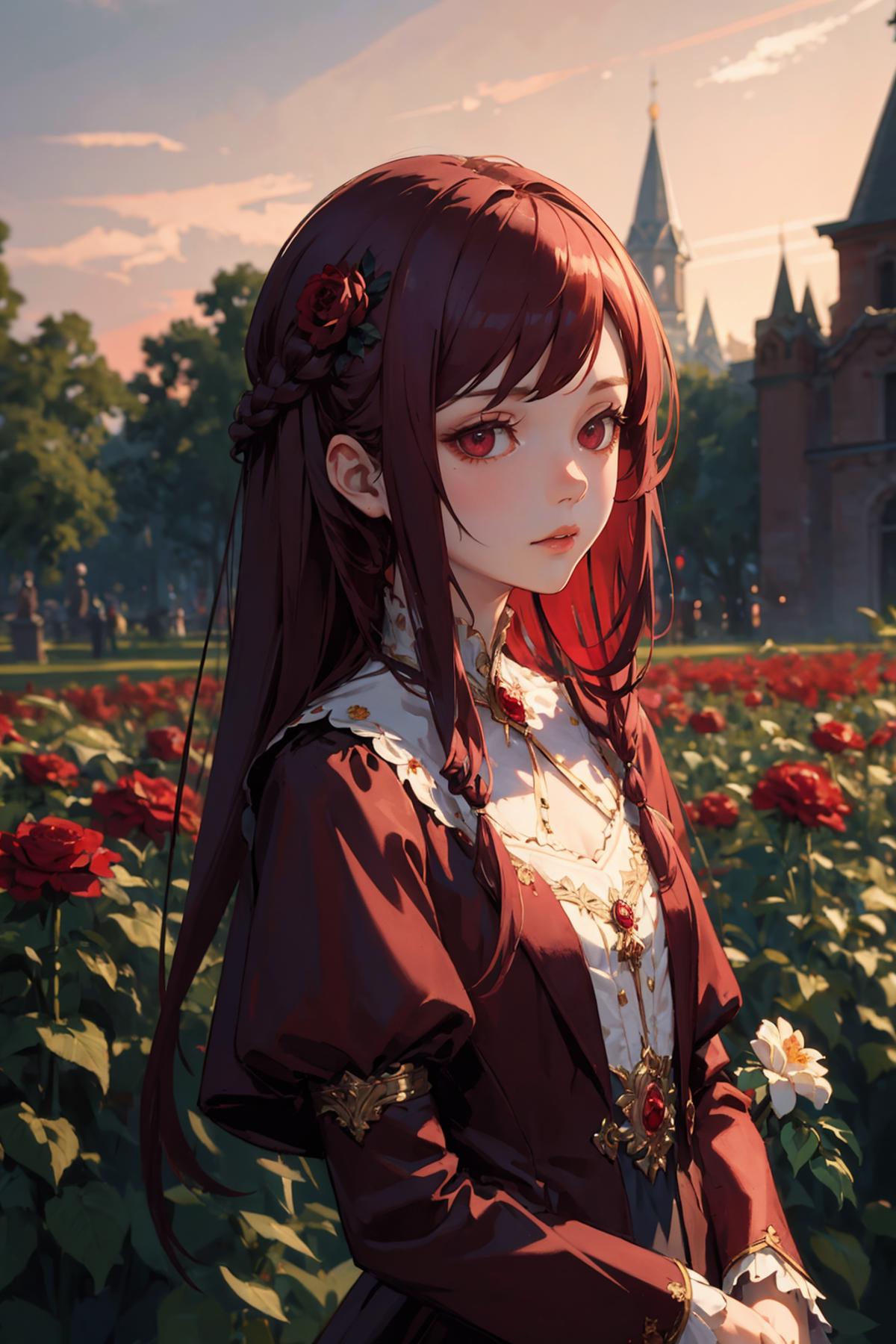 Anime girl with red hair and red eyes dressed in a white and brown dress, holding a flower.