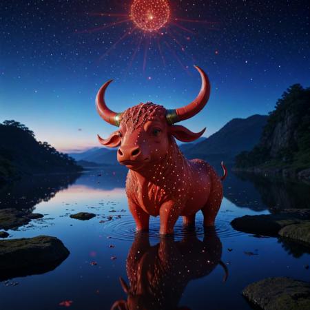 (designed by Eiichiro Oda:0.7) , anime key visual, Dreamy lake and Red giant in background, intricate background, cinematic shot of a Fascinating Lifelike TaishÅ Era (Taurus constellation:1.3) , it is covered in Decals, it is inspired by a Orc, near Adorable The Sphinx of Giza, at Blue hour, horizon-centered, Magic Realism, Lustful, Nanopunk, key light, L USM, Calotype, under water, vignette, artstation, photolab