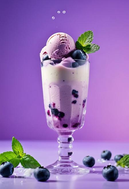 Blueberry ice cream, in a stylish modern glass, ice cubes, nuts, mint leaves, splashing milk cream, in a gradient purple background, fluid motion, dynamic movement, cinematic lighting, Mysterious"
his stunning image is rendered in insanely high resolution, realistic, 8k, HD, HDR, XDR,