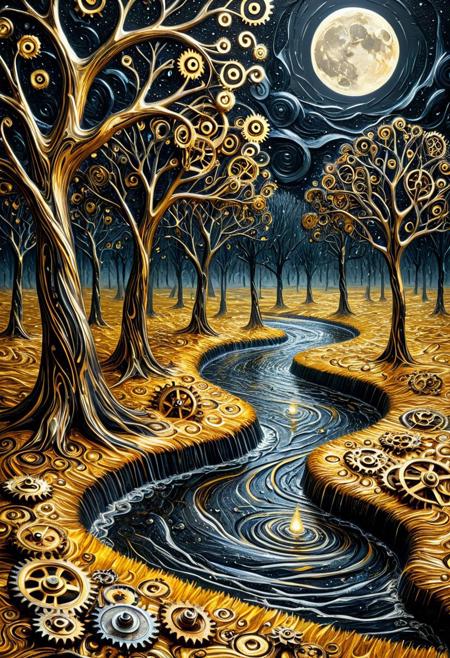 g3ars, 8k, Raw digital photo, natural lighting, surreal horror golden landscape in Van Gogh's swirling brushstrokes, twisted black night sky, river made of water drop, drops with distorted reflections of white crescent moon, made out of gears, twisted and screaming water drop trees, cracked ground, thick impasto oil textures, no people, oppressive atmosphere, post-impressionist nightmare, emotional intensity, 4K, detailed, full body, masterpiece, best quality, amazing quality, very aesthetic, made out of gears, professional, 4k, highly detailed, dark background, made out of gears