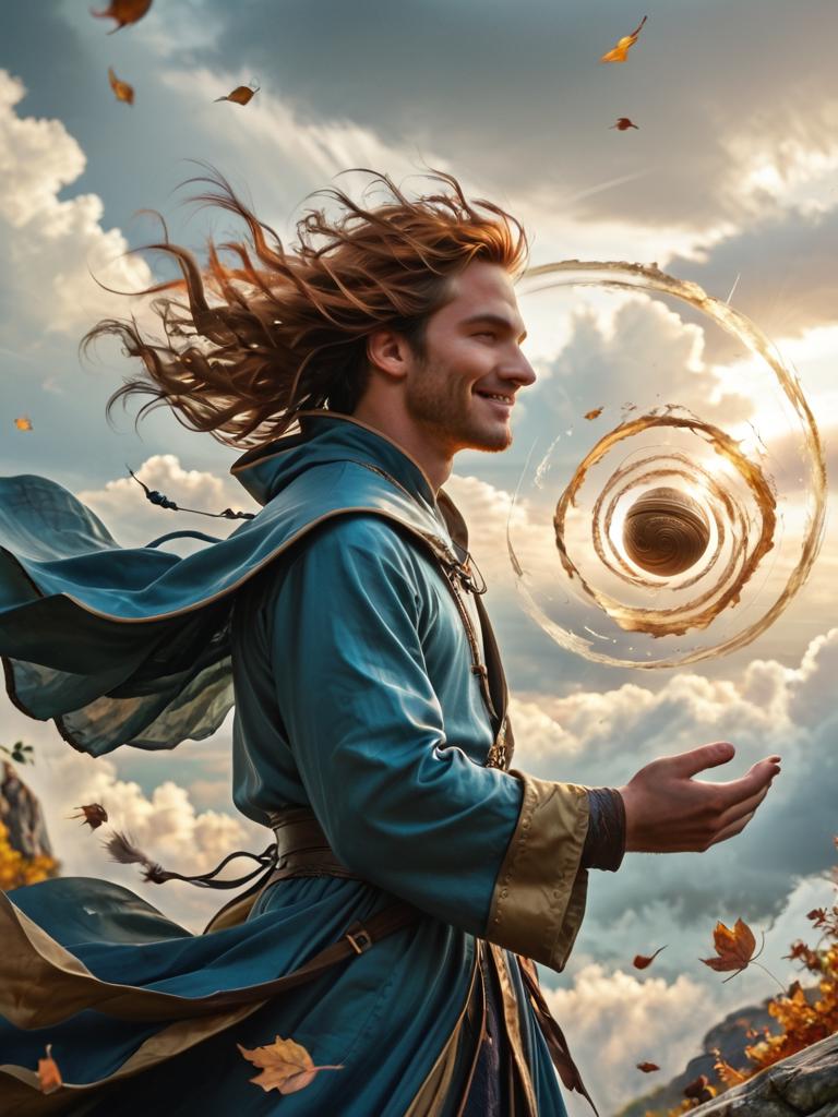 score_9, score_8_up, score_7_up, source_photo, (realistic:1.4), photorealistic, fantasy, medieval, 1man, solo, wizard, ginger hair, long hair, evil smile, blue and gold sigils, robe with sigils, runes, Airmagmb, wind, leaf, Sky, cloud, Wind spiral, Wind vortex, Wind ball, Windswept hair, godrays, <lora:GodRays:0.7>, <lora:FantasyAirMagic:0.8>