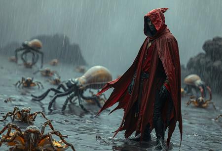 High-definition, lifelike image of a Dunames Dark Witch standing on a jelly-like rain, dressed in a red and black cape and hoodie. The witch, a cosmic entity, has intricate details and is captured in a cinematic shot with a focus on the golden ratio. The image also features mantises and swordfishes in the background, along with a hint of black mold. The concept is set in the metaverse with the man dressed in futuristic attire, inspired by the art of artgerm and greg rutkowski. The image showcases full-body details, with a focus on the concept of