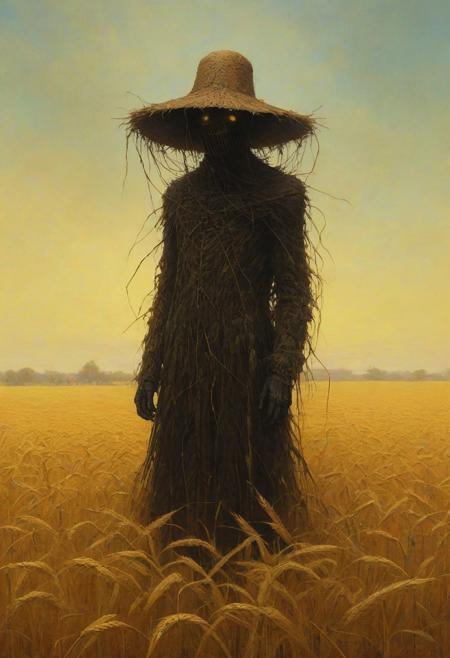 digital artwork by Beksinski, wheat field, vibrant colors, black theme, yellow theme, scarecrow, enormous straw hat