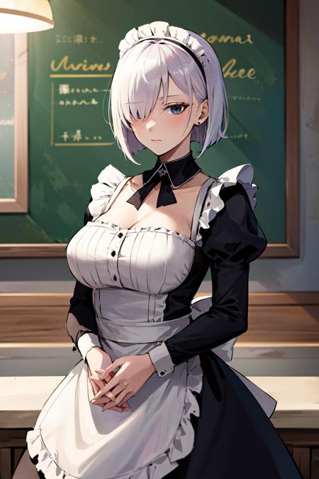 masterpiece, best quality, highres, fiona1, spy x family, hair_over_one_eye, solo, earring, breasts, <lora:fiona_frost_v1:0.7>,  expressionless, cowboy shot, maid, maid headdress, own hands together, cafe,