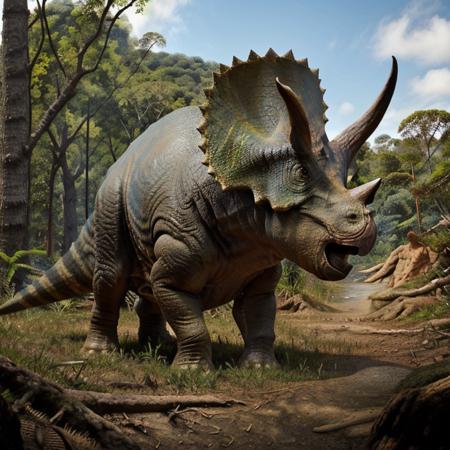 masterpiece, best quality,  <lora:Triceratops_Dinosaur_Dim32_Anime:1>, Triceratops_Dinosaur,  Jurassic jungle,