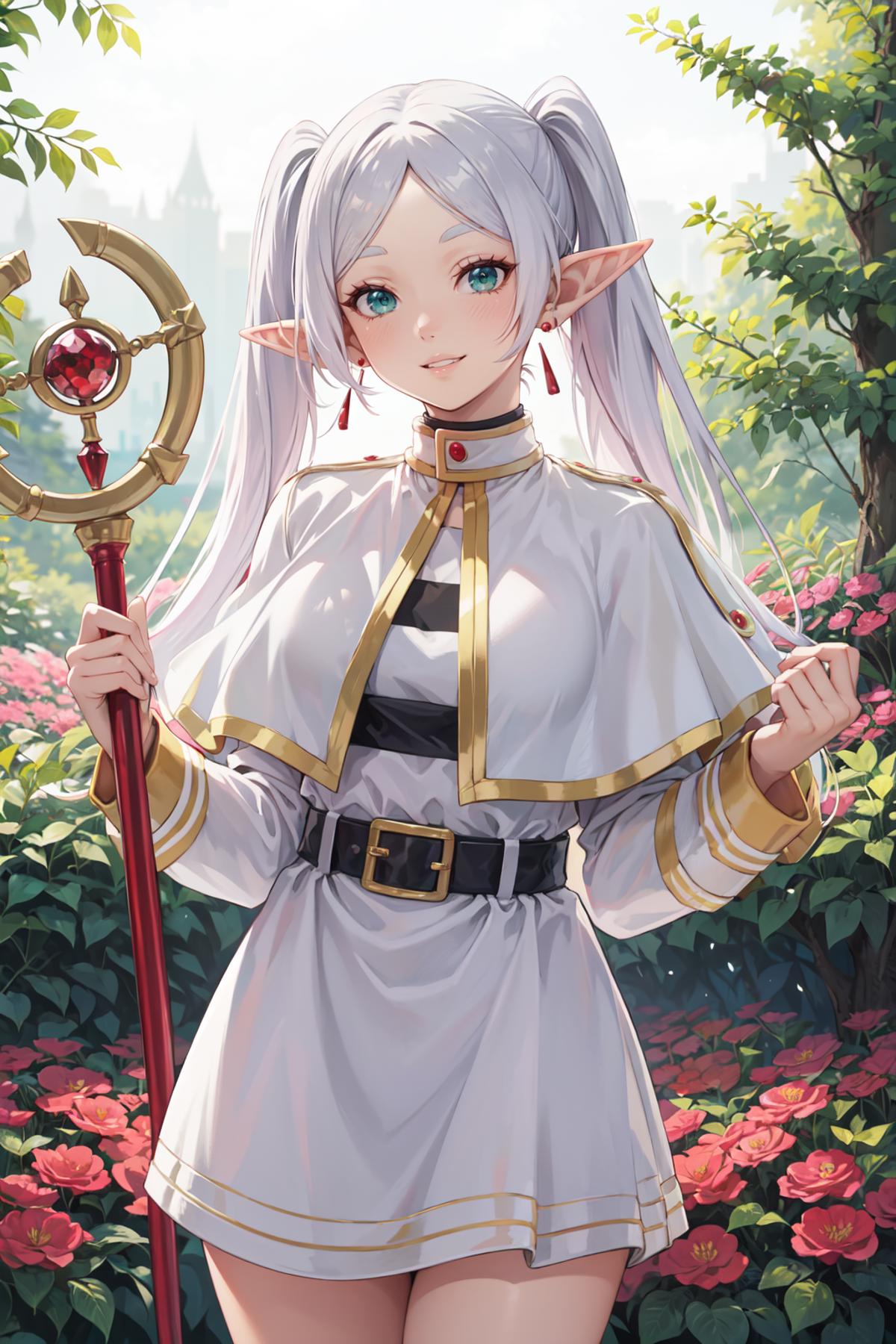 Anime-style illustration of a pretty elf girl with a red bow in her hair, wearing a white dress and holding a staff.