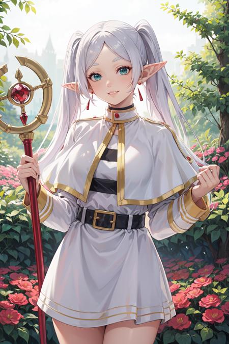 frieren, 1girl, long hair, pointy ears, twintails, jewelry, elf, earrings, capelet, white capelet, long sleeves, parted bangs, dress, belt, flower