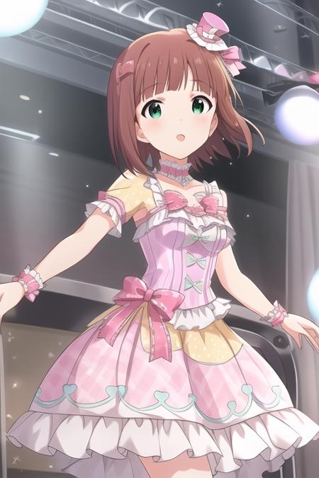 <lora:LegendGirls:0.85>LegendGirls, dress,(mini hat:0.9),yellow dress,purple dress, 
<lora:mirishita-v2.1:0.5>HARUKA AMAMI,short hair, brown hair,  green eyes, bangs,
masterpiece, best quality,1girl,medium breasts,