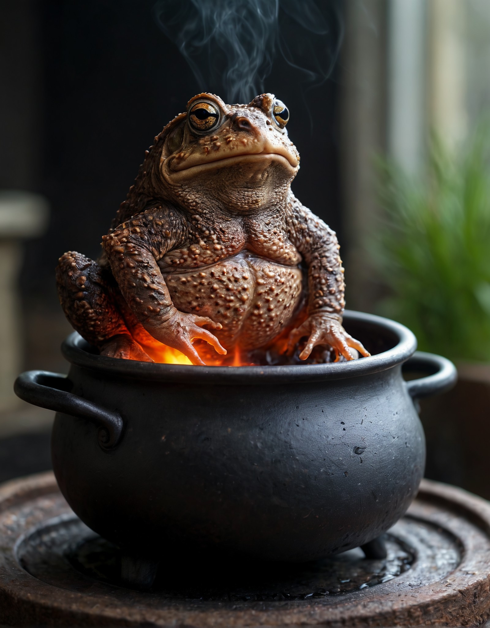 breathtaking, best quality, masterpiece, Photorealistic, The toad sat in the pot, slowly boiling on a flame stove, The wat...