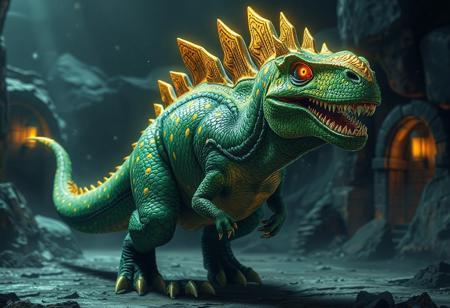 Transcendosaurus Glaciasaurus, green scales, gold accents, Mimighoul Dungeon backdrop. Golden spike crown, yellow glowing eyes, dynamic stance. Cinematic, trending on Artstation, Unreal Engine 5. Raphael style, splash ink illustration. Captivating lighting, isometric view, joyful impact, meticulous details, 4k, CGSociety, golden ratio.