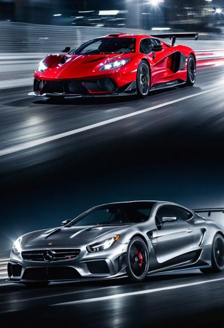 Capture the exhilarating speed of a high-performance car in motion. Emphasize the (dynamic:1.3) energy and (sleek:1.2) design as it zooms through the frame. Utilize a (long exposure:1.4) technique to create a stunning motion blur effect, highlighting the sense of speed and adrenaline. Inspired by the works of (Gustav Willeit:1.3) and (Larry Chen:1.2).