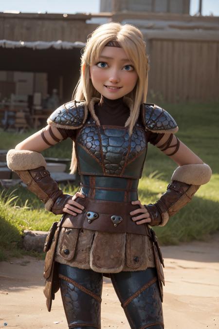 (masterpiece, best quality:1.2), <lora:httyd_hofferson-11:0.8>, cowboy shot, solo, 1girl, astrid hofferson, smile, closed mouth, looking at viewer, hand on hip, headband, armor, shoulder armor, pants