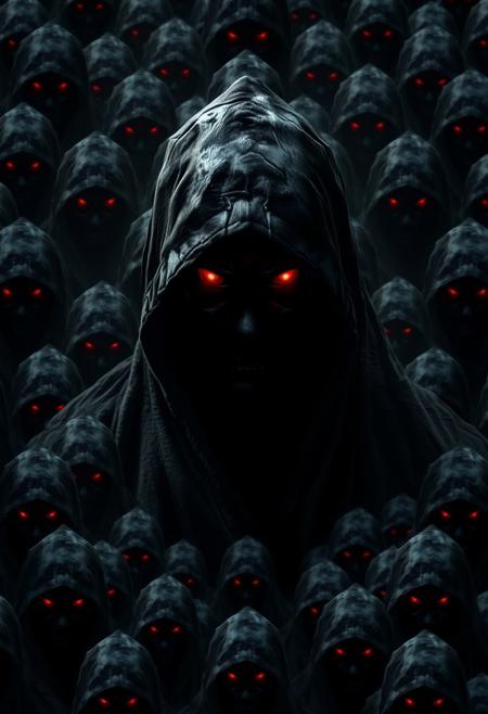 In a haunting, hyper-realistic image, a hooded shadow with piercing red eyes is enveloped by another identical shadow, which is in turn enveloped by another, and another, and another, creating an infinite regression of dark, mysterious figures. Each shadow is a precise, detailed replica of the one surrounding it, with subtle variations in texture and shading, creating a sense of depth and dimensionality. The red eyes glow with an otherworldly intensity, seeming to burn with an inner fire, as they stare out from the depths of each shadow. The hoods are rendered in intricate detail, with folds and creases that seem to ripple and flow like dark, liquid fabric. The infinite repetition creates a sense of eerie, unsettling infinity, drawing the viewer's eye into the center of the image, where the shadows seem to disappear into a tiny, infinitely receding point. Highest-Quality, 4k, intricate details, visually stunning, Masterpiece