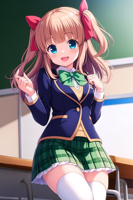 (masterpiece, best quality), highly detailed background, perfect lightingbest quality, yuukinae, solo, indoors, classroom, brown hair, two side up, hair ribbon, red ribbon, long hair, blue eyes, blue jacket, blazer, green bowtie, sweater vest, white shirt, (hands on hips), green skirt, plaid skirt, white thighhighs, school uniform, smile, open mouth, :d, pink lips, <lora:Yuuki-Nae:0.7>