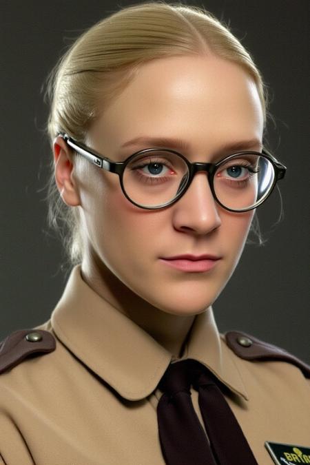 woman with blond hair, ponytail, glasses, uniform,