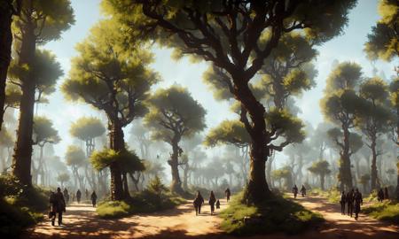 drawing of steampunk forest with trees , with people walking around, fine details, award winning image, highly detailed, 16k, cinematic perspective, ((video game environment concept art style)), pretty colors, asymmetrical camera composition, cinematic environment, tk-env