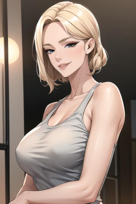 1girl, mature_woman, tall, tank_top, blond_hair, masterpiece, best quality, smirk, dance,<lora:EMS-263623-EMS:0.800000>