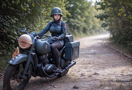 gorgeously rendered high-resolution wide-angle photograph of a ((cute female)) (1girl) dressed as a WWII German military officer riding a nz350 along a ((dirt road)) in the distance, (large breasts), detailed, hdr, 8k, lens flare, <lora:dkw_nz350:0.6>