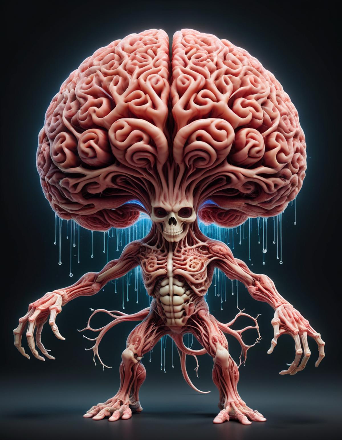 A 3D artistic representation of a skeleton with a large brain and blood dripping from it.