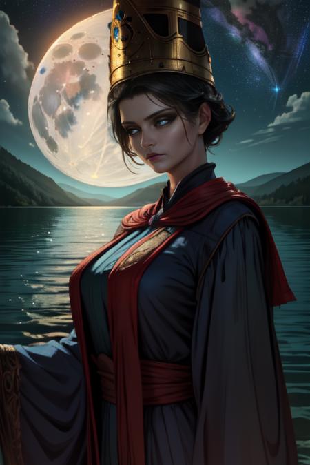 Rennala,short black hair,blue eyes, standing, upperbody, sad expression, cowboy shot, ReDres,jewelry,blue robe,long crown,long sleeves, wide sleeves, tall woman, lake,moon close-up,nighttime,stars, dark dungeon,(insanely detailed, beautiful detailed face, masterpiece, detailed eyes, best quality),realistic,
 <lora:Rennala-10v3:0.7>