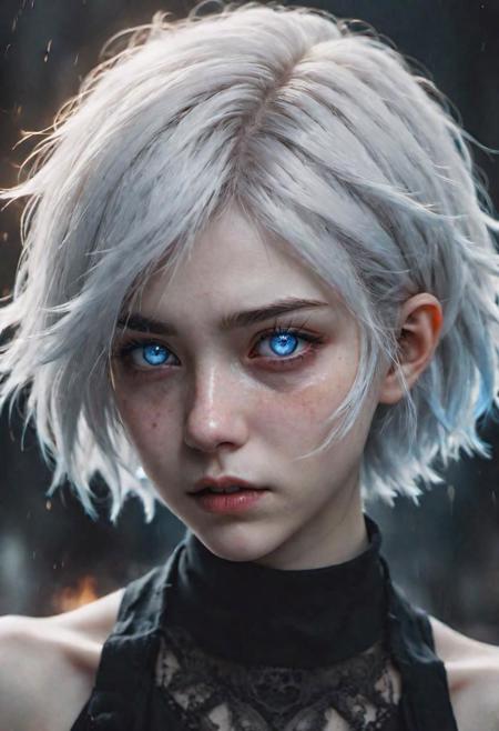 (masterpiece), 
1girl,
evil, demonic, 
dark ambiant,
white hair, blue eyes, floating hair, short hair,
upper body shot, 
HDR, highly detailed, 32k, 
(cry) mood, 
perfect face feature,
