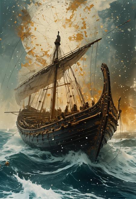 A stunning portrait of an ancient greek trireme in high seas, detailed, high resolution, eerie, atmospheric, foreboding (in the style of Luis Royo painting) Dean Cornwell, design, 1970s, Russian Constructivist style, double exposure, volumetric lighting, expressive, ancient starchart, ink spattered background, warm colors, space, art deco, splatter, Japanese Woodblock print, planar rectilinear shapes, extreme energy, dynamic posing, Dutch angle, white, golden, ethereal