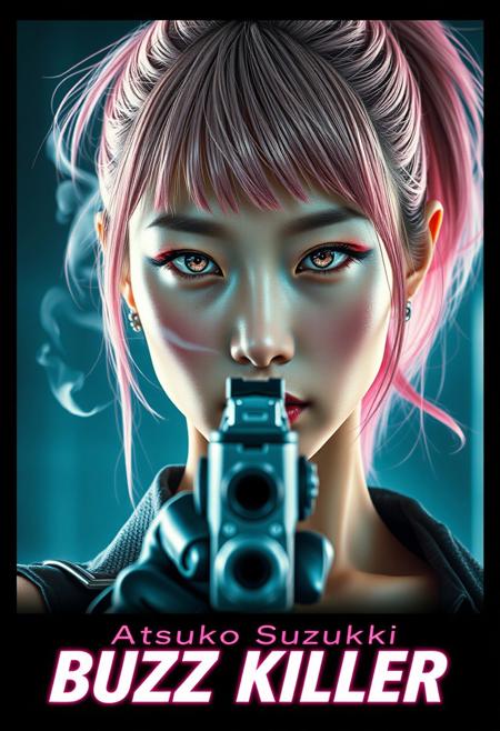 Photorealistic vertical movie poster of a Japanese cyberpunk assassin. The frame is tightly cropped — her face and gun completely fill the poster. She is Atsuko Suzuki, tall and slender, with blush pink hair in a high ponytail, brushed bangs, and loose strands framing her intense face.
Her cybernetic eyes glow faint pink, with hyper-detailed circuitry in both irises. She wears bold red Asian-style eyeshadow. Her silver futuristic pistol is centered at the bottom of the frame, pointed directly at the viewer, slightly blurred.
A thin plume of smoke curls upward from the barrel, drifting across her pale, focused face. The lighting is cinematic — cool neon glow on her skin and metallic edges, deep shadow in her contours.
There is no visible background, just clean black borders framing the image like a movie poster.
Text overlays:
Top of the poster:
Atsuko Suzuki is
Centered at the bottom in bold neon-style type:
BUZZ KILLER”