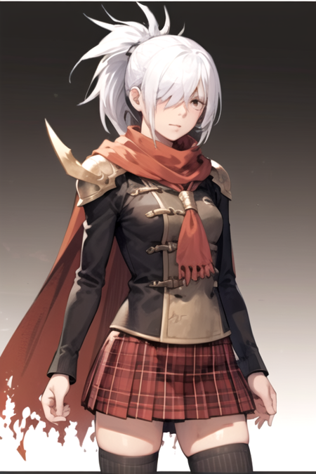 SiceFF, 1girl, solo, miniskirt, thighhighs, school uniform, ponytail, white hair, scarf, cape, armor, hair over one eye, plaid skirt, 