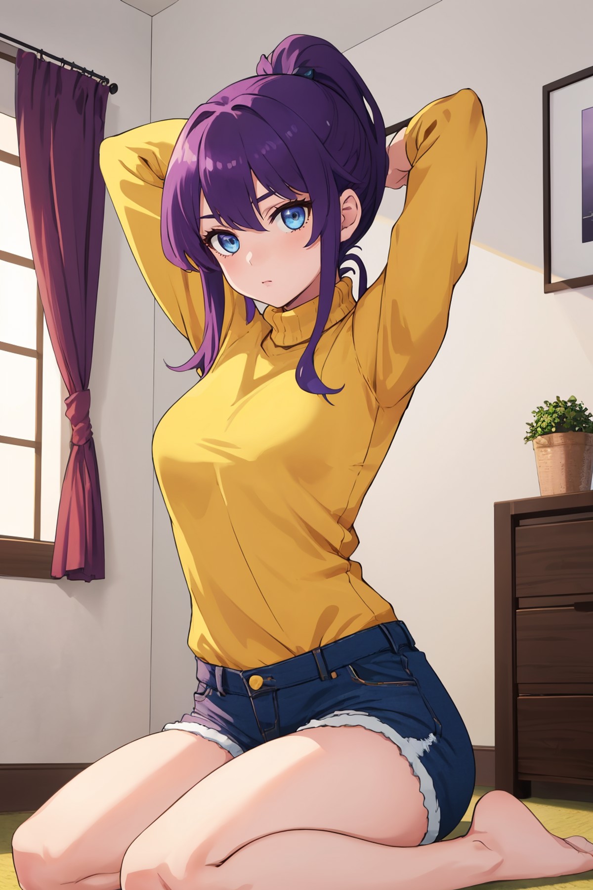 masterpiece, best quality, 1girl, solo, purple hair, ponytail, blue eyes, arms behind head, sitting, seiza, yellow sweater...