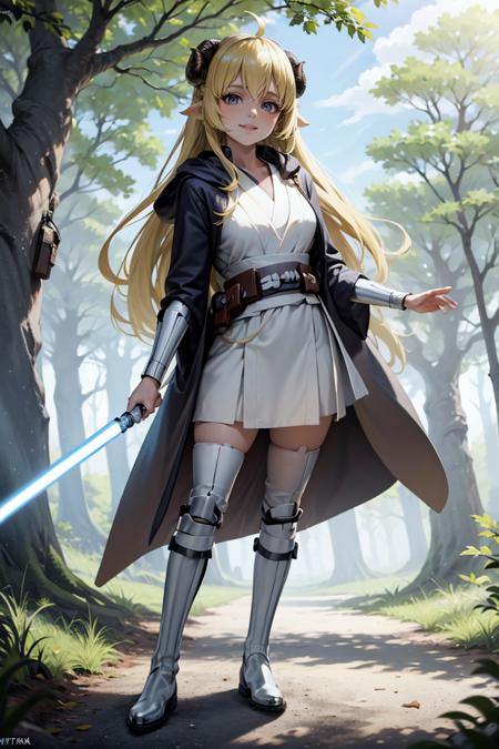 masterpiece, best quality, absurdres, 1girl, solo, JediOutfit, robe, belt, boots, TsunomakiWatame, long hair, ahoge, smile, outdoors, forest, (lightsaber,  holding lightsaber), <lora:JediOutfit:1>, <lora:WatemeV5:0.8>