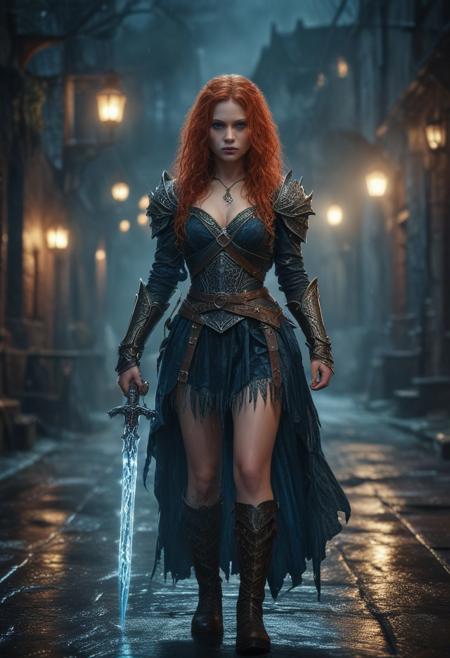 Ultra detailed digital art masterpiece Warrior girl dressed in a Armor, standing in combat pose down the mysterious night street of the big dark fantasy medieval Town, perfect lighting, beautiful Sadie Sink as Warrior girl, attractive woman, elegant, unreal engine 5 nanite quality, mixed with dark elements, dark environment, very dark night, clean dark velour witch clothing, LOTR style, dark washed out eyeliner, no make up, natural bloody face, realistic blue eyes, ultra detailed atmospheric details, beautiful glowing effects, sparkle effects, realistic body proportions, beautiful face proportions, complex masterpiece, wavy red hair, creative glowing detailed tattoos, complex physics, enhanced colors, complimentary colors, ultra detailed raytracing reflections, Ultra detailed complex background, environment feels alive, direct eye contact, dramatic lighting, wet and sweaty skin, beautiful firm Breasts, Concept art portrait by Greg Rutkowski