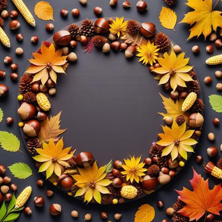 This is a circle without a background. There is no paper in the middle of the picture. The circle is surrounded by chestnuts, 
acorns, 
corn, 
colorful autumn flowers with light edges. The autumn flowers and the paper together create a natural and harmonious atmosphere.