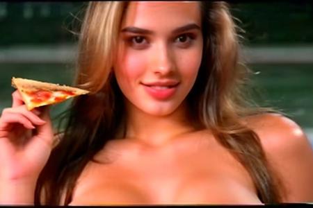 Close up of hot woman holding two pizza slices covering her boobs making them not visible but hidden behind pizza slices , early 90's vhs camera, ultra realistic, realistic body
