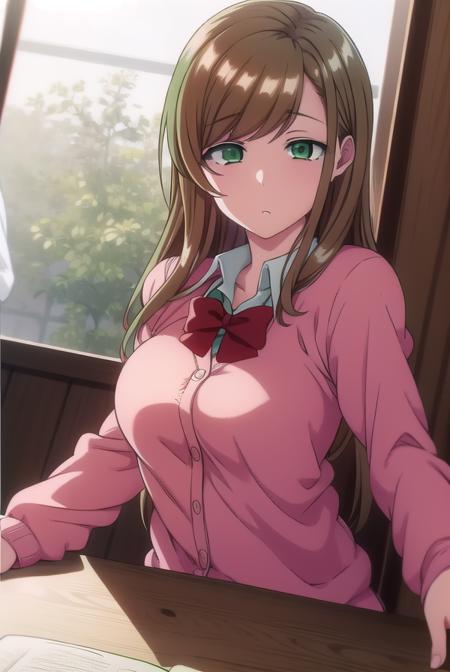 minakosanada, <lyco:minakosanada-lyco-nochekaiser:1>, 
minako sanada, long hair, brown hair, (green eyes:1.5),
BREAK long sleeves, bow, school uniform, bowtie, red bow, cardigan, pink cardigan,
BREAK looking at viewer,
BREAK indoors, classroom,
BREAK <lora:GoodHands-vanilla:1>, (masterpiece:1.2), best quality, high resolution, unity 8k wallpaper, (illustration:0.8), (beautiful detailed eyes:1.6), extremely detailed face, perfect lighting, extremely detailed CG, (perfect hands, perfect anatomy),