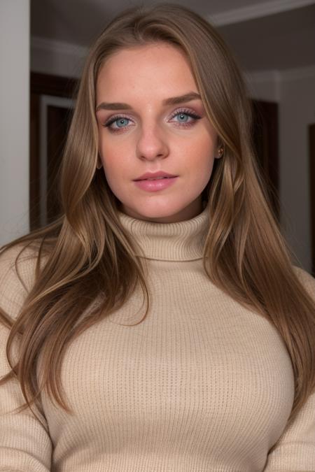 RAW, s0f1g, perfect face, stunning eyes, upper body close up, candid, amateur, at home in the dining room at night, turtleneck sweater, natural skin, 8k uhd