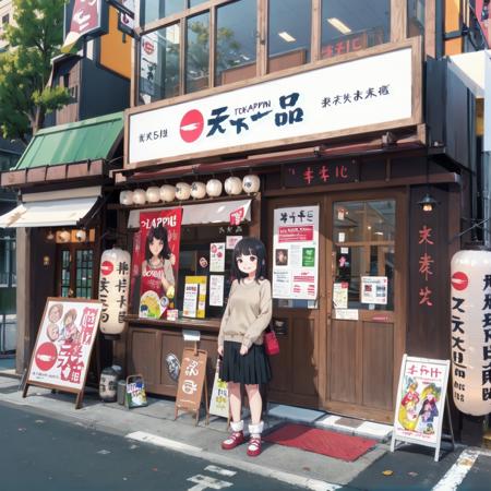 best quality, ultra-detailed, illustration,
1girl, glasses, black hair, long hair, happy, smile, looking at viewer, standing, solo focus, ribbed sweater, skirt, handbag, 
tenkaippin, poster (object), outdoors, tree, road, street, shop, sign, storefront, lantern, building, paper lantern, banner, pavement, real world location, day, plant, 
<lora:tenkaippin_SD15_V1:0.6>