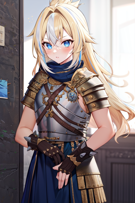 roman armor, 1girl, solo, fair skin, blonde hair, dark blue eyes, toned, {streaked hair, white hair}, spiked hair