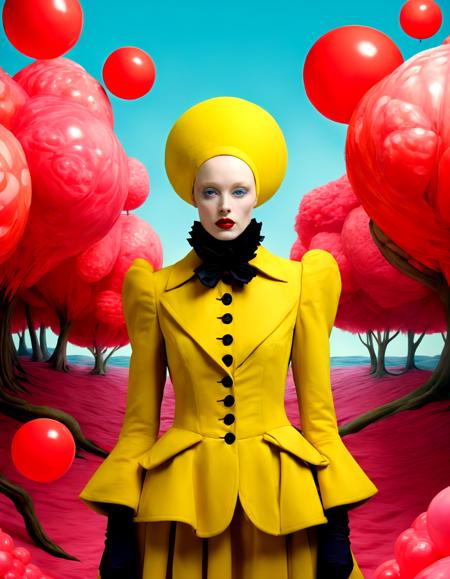 Tim Walker inspired, fashion photography, whimsical settings, surreal elements, creative storytelling, vibrant colors, (detailed face:1.05), hyperrealistic, photorealistic