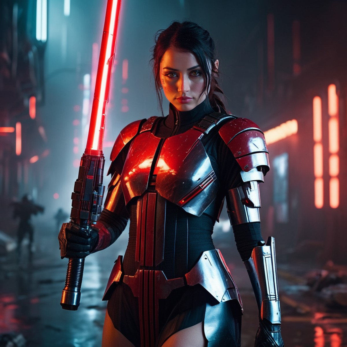 Photo of a female soldier in the year 2436 with futuristic cybernetic enhancements holding a red lightsaber, dystopian bac...