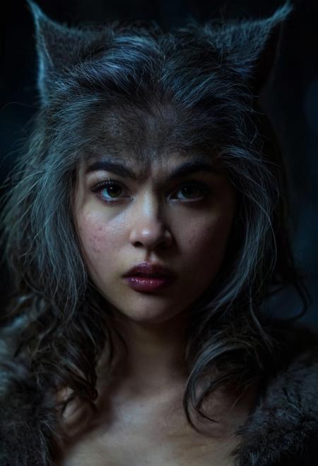(girl, 4ng3l face), werewolf, professional photo, very detailed and dramatic, expressive cinematic, darkness, bokeh, studio lighting, medium shot, from the waist up, Werewolf style