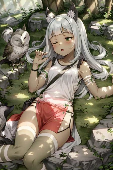 <lora:Ochette:1>, Ochette, 1girl, solo, green eyes, forest, owl, dappled sunlight, sleeping,, masterpiece, best quality,