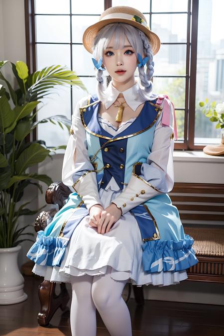 <lora:ayaka:0.75>,kamisato_ayaka, (standing),1girl,hat,blue hair, braid, blue eyes, white pantyhose,sitting, upper body, blue dress, indoors, japanese style decorations