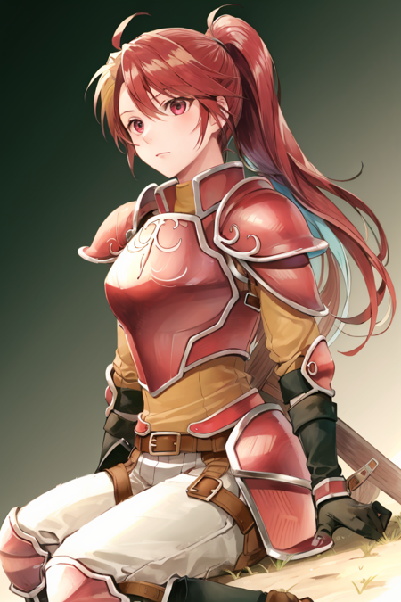 <lora:Jill_FE-10:0.85> jill fe, 1girl, solo, long hair, gloves, sitting, ponytail, boots, belt, pants, armor, gradient, gradient background, shoulder armor, green background, pauldrons, breastplate, red armor