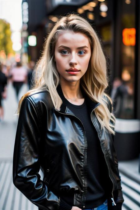 eighteen year old girl wearing a black leather jacket and black zip up sweater, realistic, analog photo, masterpiece, trending on artstation,