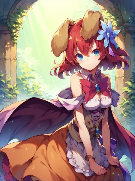 stephanie dola, 1girl, solo, red hair, blue eyes, hair ornament, dress, cape animal ears