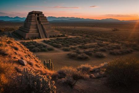 (tall ancient stone towers; 1.39) (ziggurat temple complex emerging from landscape: 1.39) raw photo, a sunset landscape, Arizona desert, Saguaro Cactus, Tall Mesa,  cozy, photorealistic, high detailed texture, 8k uhd, dslr, soft lighting, high quality, film grain, Fujifilm XT3, Sony A7 IV, highly detailed photography, (muted colors, cinematic, dim colors, soothing tones:1.2), vibrant, insanely detailed, hyperdetailed, (dark shot:1.2), (vsco:0.3), (intricate details:0.9), (hdr, hyperdetailed:1.2) (highest coherency: 1.39) (highest quality: 1.39) (rule of Thirds) (award winning) (breathtaking) (masterclass) (vibrant color: 0.79) (distant hillside) (cinematic lighting, David Park, lights,)
